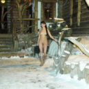 Brunette Alena T walkns naked at winter night