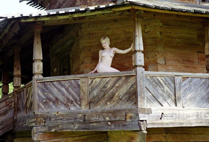 Vintage photos of naked short-haired blonde at outdoors russian museum