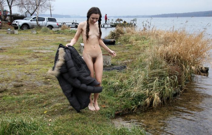 Skinny russian teen with very hairy pussy and small tits outdoors