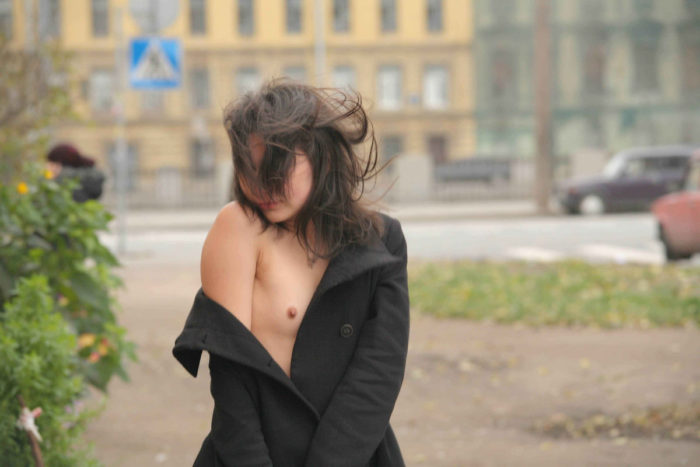 Small-tittied exhibitionist Nataly on the streets