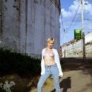 Short-haired blonde with perky boobs at varous public places