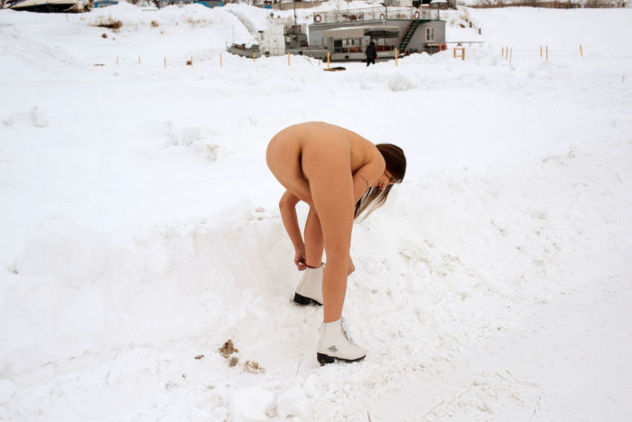 Naked Galya on winter skates