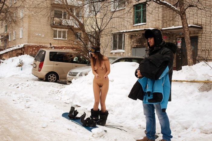 Naked snowboarder Galya at city