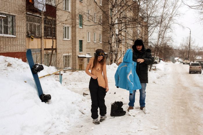 Naked snowboarder Galya at city