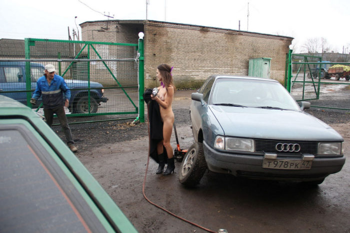 Skinny russian girl helps in auto-service