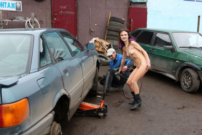 Skinny russian girl helps in auto-service