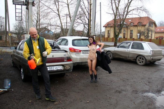Russian girl Nadya with skinny body near market