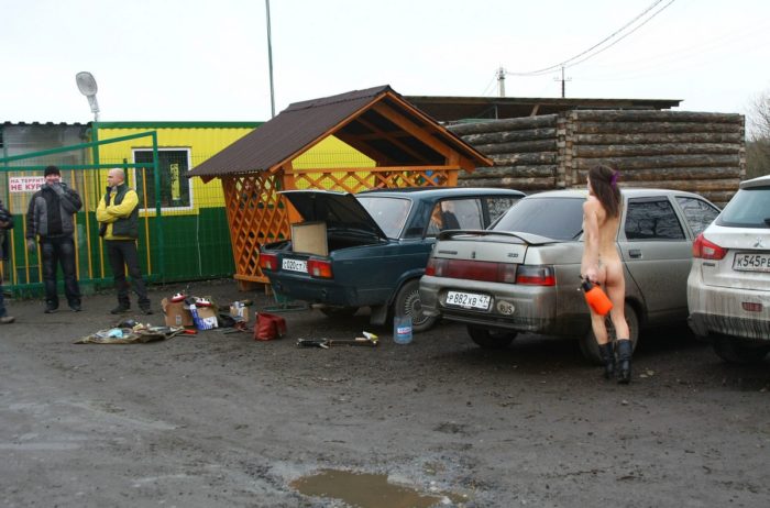 Russian girl Nadya with skinny body near market