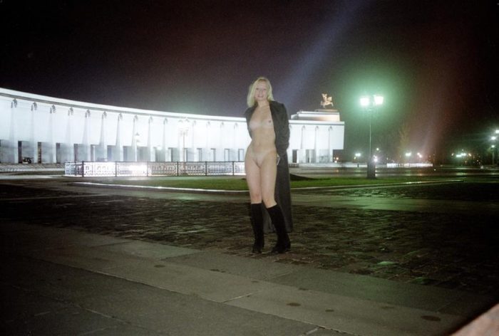 Sexy russian blonde flashes her body at Victory Park