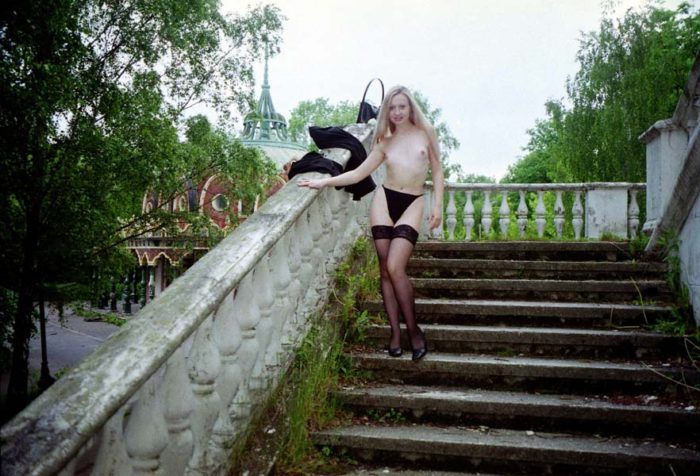 Vintage photos of blonde in stockings in Moscow park