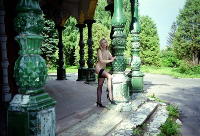 Vintage photos of blonde in stockings in Moscow park