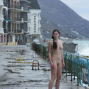 Absolutely nude damsel walks the seashore