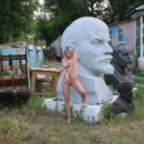 Busty blonde Olga G posing in sculpture store