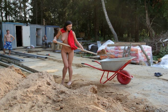 Busty teen brunette helps workers at construction site