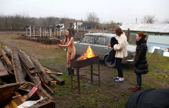 Skinny russian girl Nadya prepare for BBQ at dacha