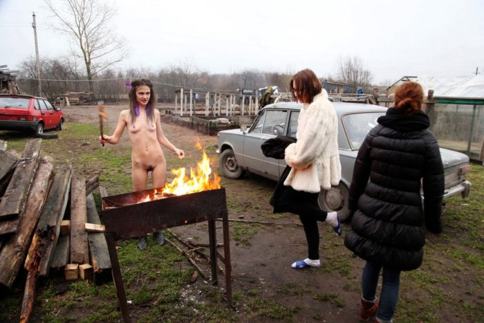 Skinny russian girl Nadya prepare for BBQ at dacha