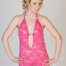 A bright pink lace lingerie compliments Feeona A s youthful appeal especially her smooth, creamy complexion.