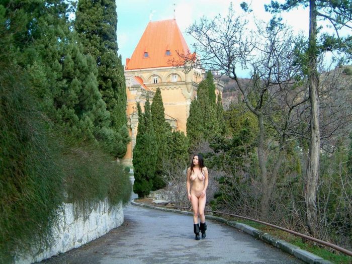 Russian teen with big boobs walks only in boots