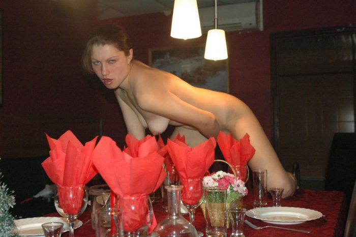 Russian girl Margarita touch her pussy in doggy-style on the table