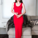 Tanya Grace strips her sexy, red dress as she flaunts her creamy body and pink pussy.