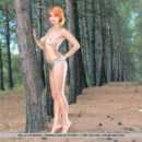 Redhead Violla A displays her amazing body as she poses among the pine trees.