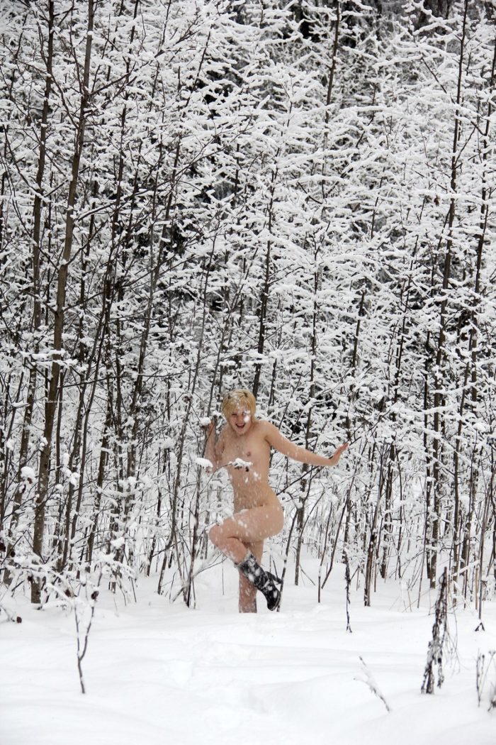 Naked blonde Elena B at snowy road