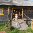 Russian blonde Maria walks naked at village