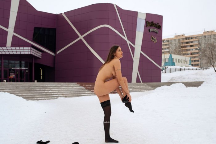 Crazy russian girl Galya undresses in front of cinema