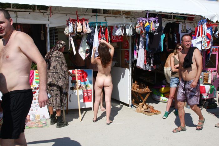 Absolutely naked Asja K at beach market