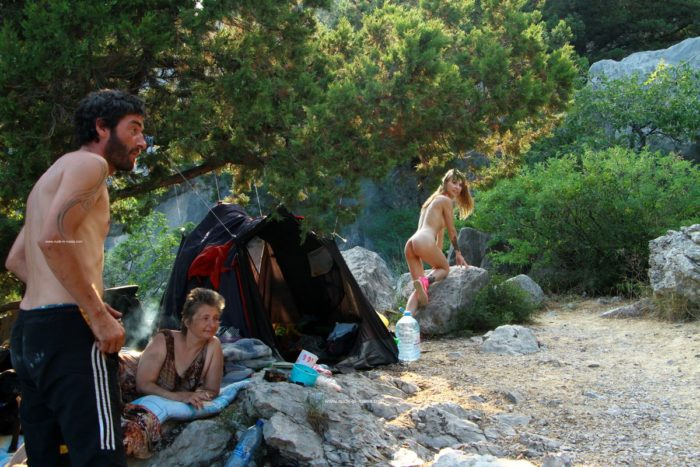 Sweet Eva Gold removes panties at strangers camping