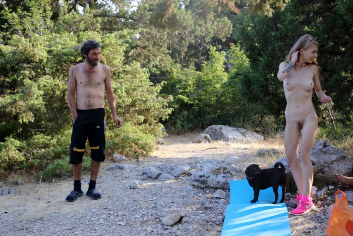 Sweet Eva Gold removes panties at strangers camping