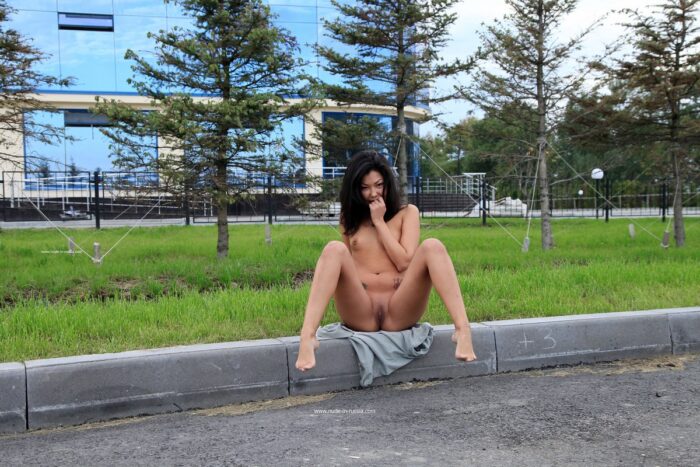 Russian-asian brunette Alina S on the street naked