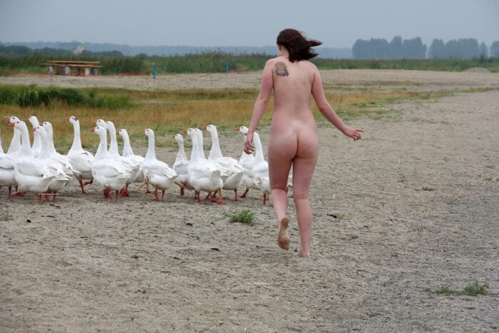 Russian girl Inga walks with geese