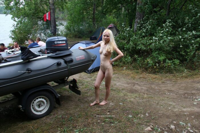Sweet blonde Maria at forest camping