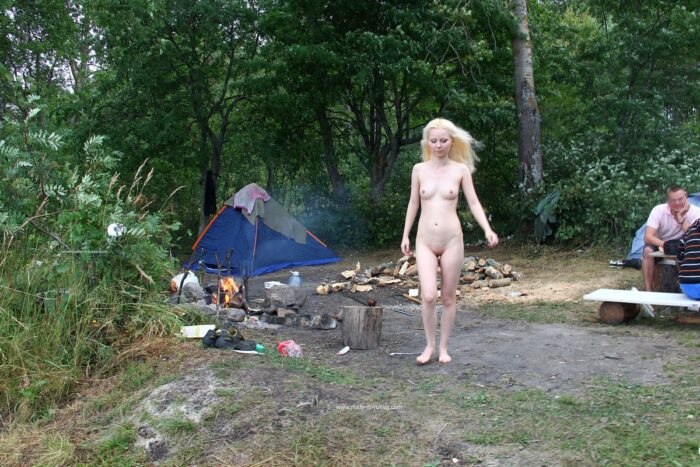 Sweet blonde Maria at forest camping
