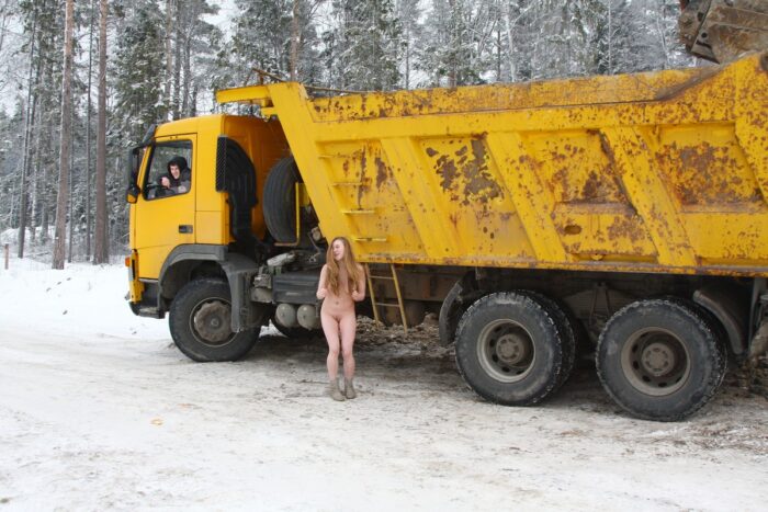 Blonde Dana takes off her panties and asks for a light from the truck driver