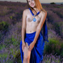Hailey is topless in a field of lavenders. She takes off her blue long skirt and gives a closeup of her white pussy.