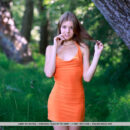 Libby is walking in the woods in her fitted orange dress. She takes it off and expose her big pinkish hooters and plump buttocks.