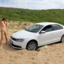 Lovely Karina with hot ass helps to push the car out of the sand