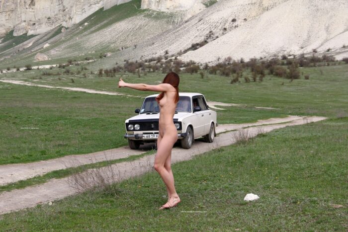 Naked russian girl Jana A gets a car near the mountain