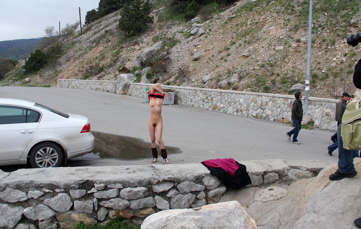 Short Haired Girl Irena K With Hairy Pussy Strips At Viewpoint 