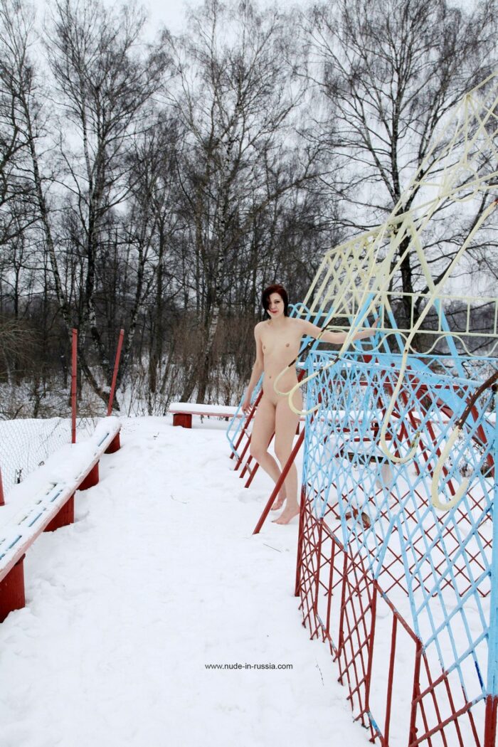Russian girl Lia A shows pussy at winter playground