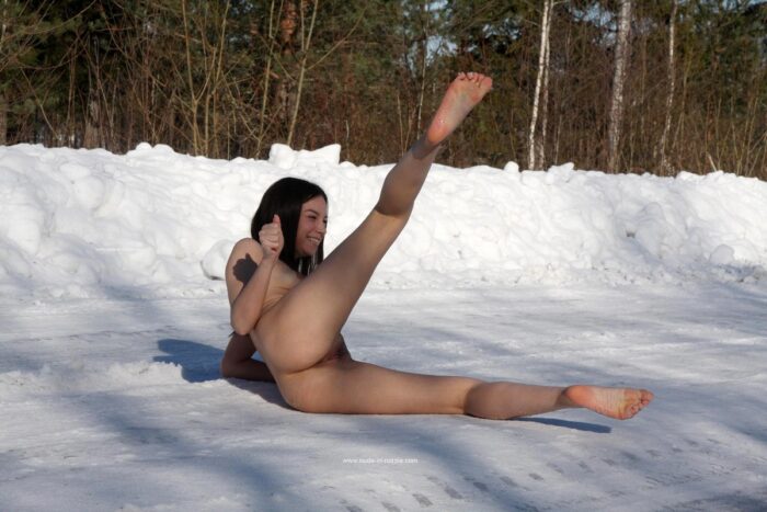 Teen brunette Lera spreads her legs on a snowy road