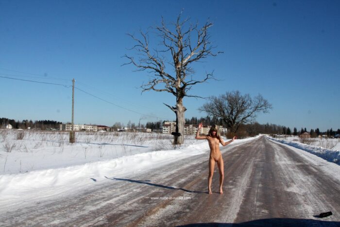 Lovely teen Gina Gerson shows her great body on icy road