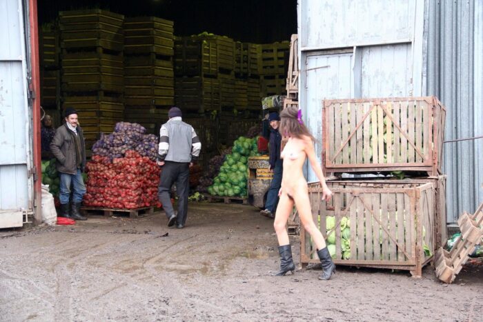 Skinny Nadeshda N with a tattoo at a vegetable warehouse