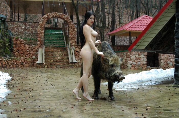 Beautiful brunette Sveta O posing with a stuffed boar