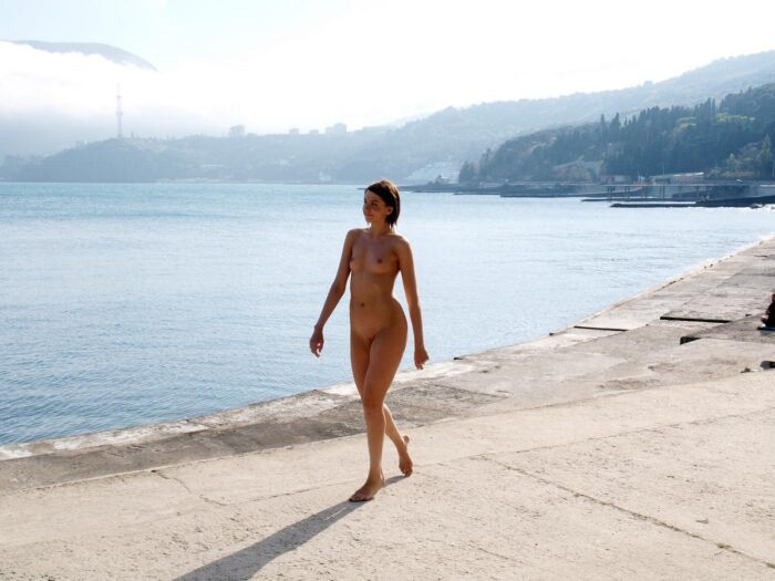 Hot russian teen Calla A walks naked by the sea