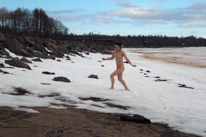 Small-tittied russian teen Natalia B at snowy beach