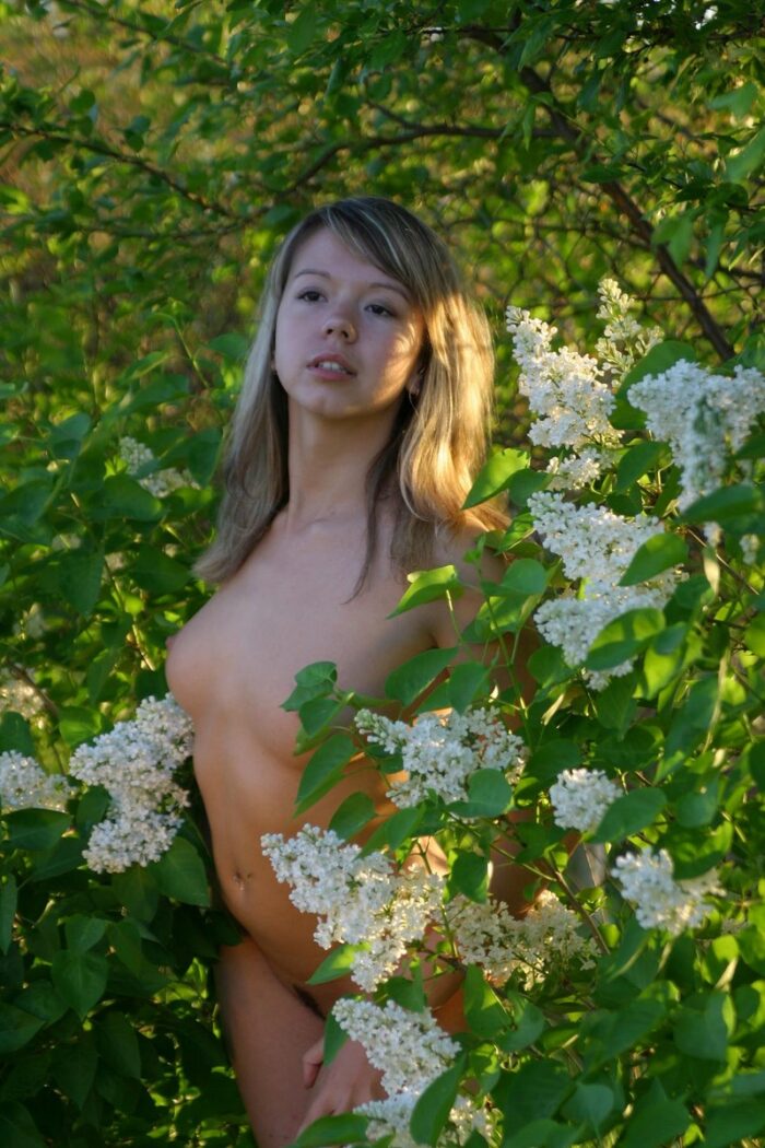 Big titted young blonde Alena T posing at summer evening