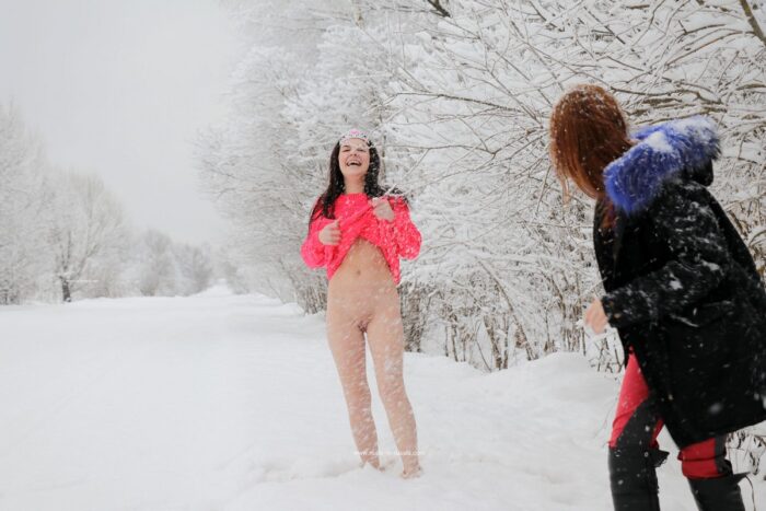 Russian brunette Alena M on snowy road